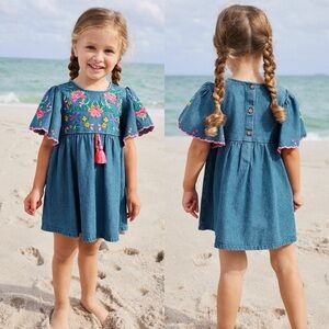 NEXT Medium Wash Lightweight Denim Floral Embroidered Kaftan Mini Dress Sz 3-4T